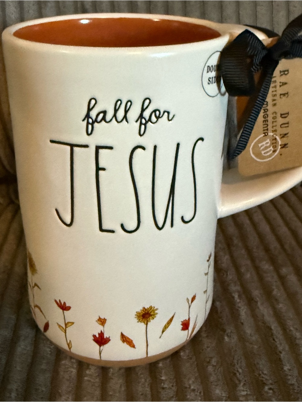 Rae Dunn White Ceramic Mug with Orange Interior and Autumn Floral Accents - Picture 5 of 6